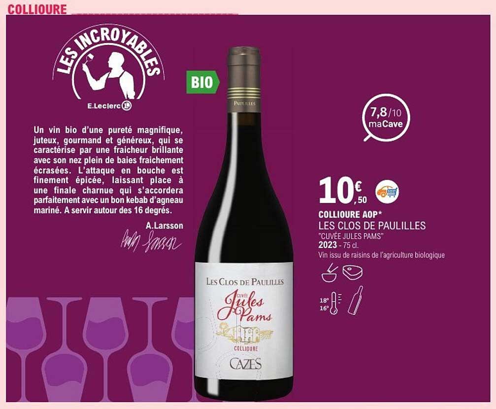COLLIOURE AOP* LES CLOS DE PAULILLES "CUVÉE JULES PAM" 2023 - 75 cl
