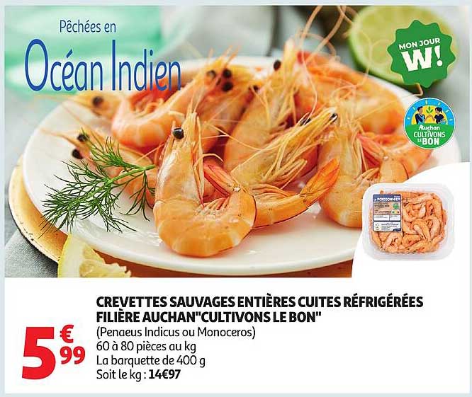 CREVETTES SAUVAGES ENTIÈRES CUISES RÉFRIGÉRÉES FILIÈRE AUCHAN "CULTIVONS LE BON"