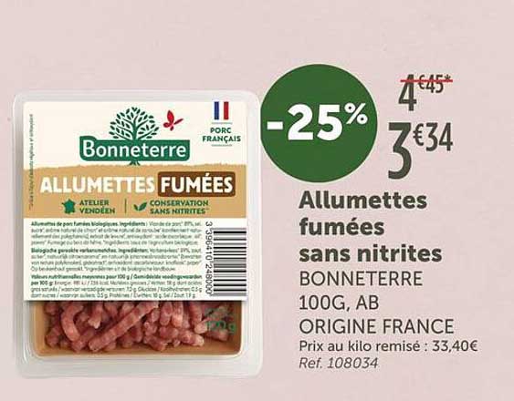 Allumettes fumées sans nitrites BONNETERRE 100G, AB ORIGINE FRANCE