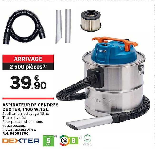 ASPIRATEUR DE CENDRES DEXTER, 1100 W, 15 L