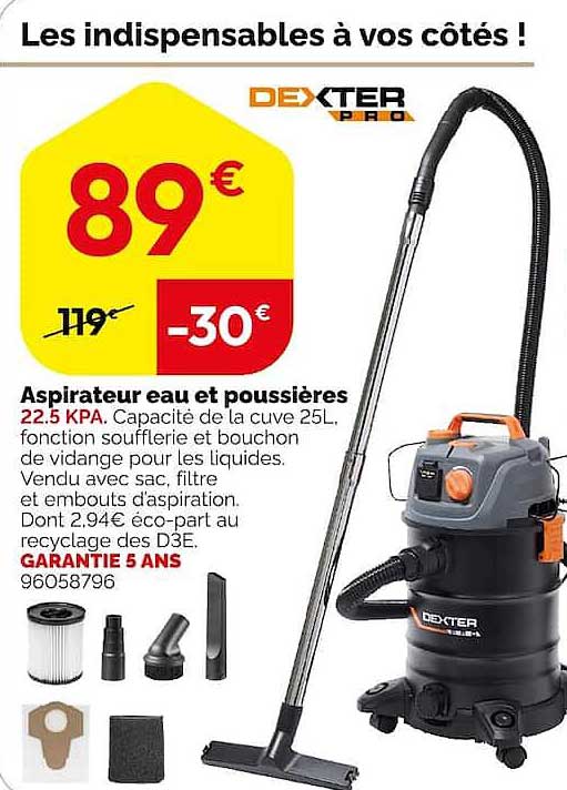 Aspirateur eau et poussières 22,5 KPA. Capacité de la cuve 25L, fonction soufflerie et bouchon de vidange pour les liquides. Vendu avec sac, filtre et embouts d'aspiration. Dont 2,94€ éco-part au recyclage des D3E. GARANTIE 5 ANS 96058796
