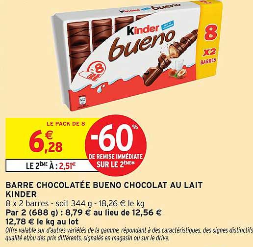 BARRE CHOCOLATÉE BUENO CHOCOLAT AU LAIT KINDER