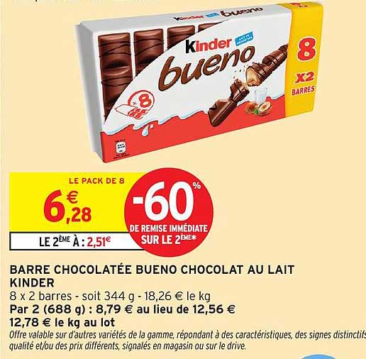 BARRE CHOCOLATÉE BUENO CHOCOLAT AU LAIT KINDER