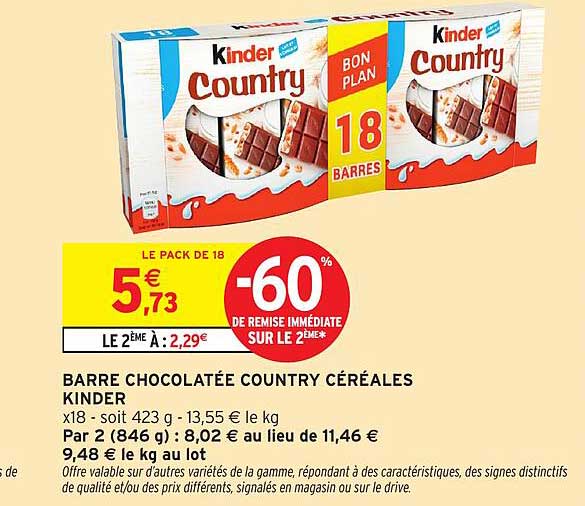 BARRE CHOCOLATÉE COUNTRY CÉRÉALES KINDER