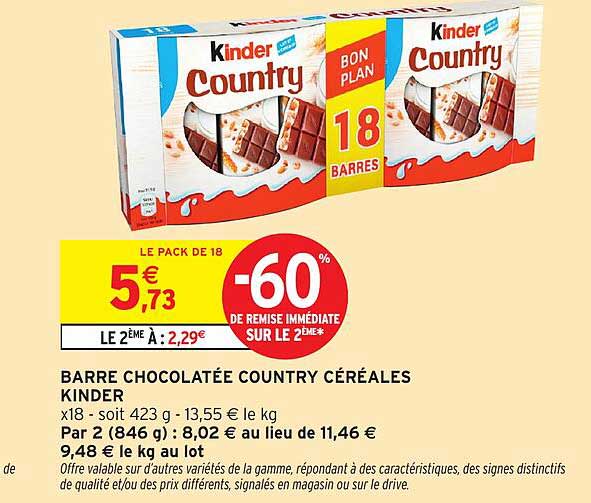 BARRE CHOCOLATÉE COUNTRY CÉRÉALES KINDER