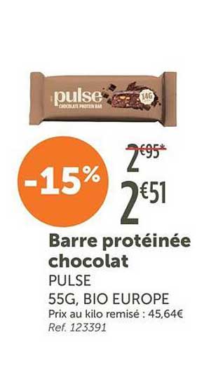 Barre protéinée chocolat PULSE 55G, BIO EUROPE