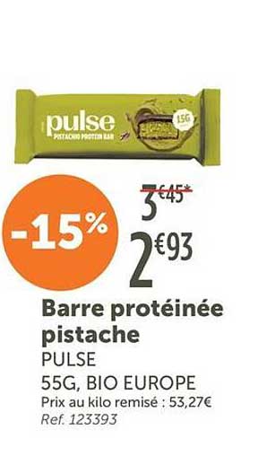 Barre protéinée pistache PULSE 55G, BIO EUROPE