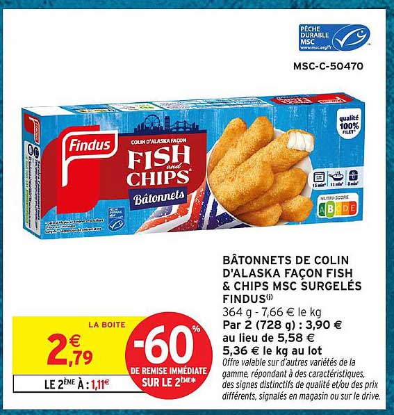 BÂTONNETS DE COLIN D'ALASKA FAÇON FISH & CHIPS MSC SURGELÉS FINDUS