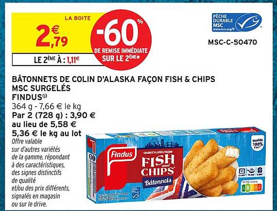 BÂTONNETS DE COLIN D'ALASKA FAÇON FISH & CHIPS MSC SURGELÉS FINDUS