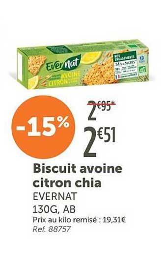 Biscuit avoine citron chia EVERNAT 130G, AB