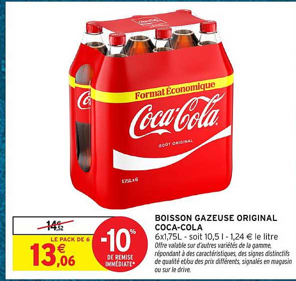 BOISSON GAZEUSE ORGINAL COCA-COLA 6x1,75L - soit 10,5 l - 1,24 € le litre