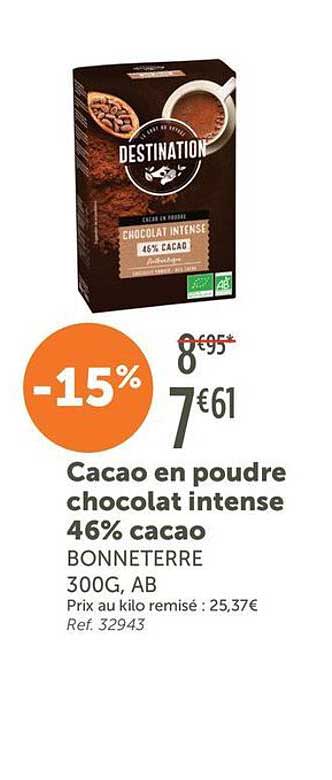 Cacao en poudre chocolat intense 46% cacao BONNETERRE 300G, AB
