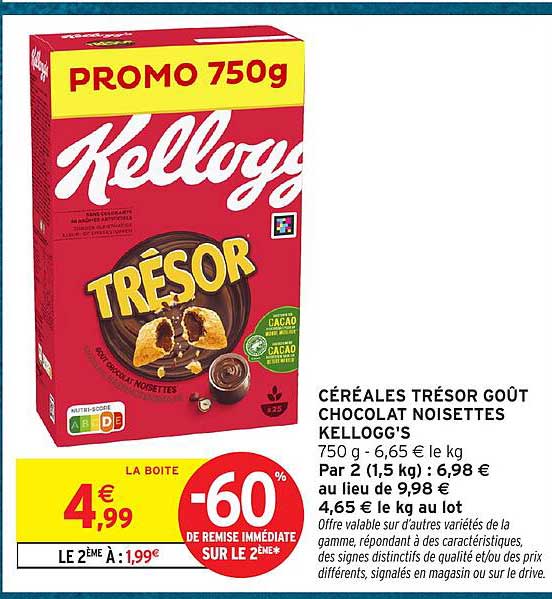 CÉRÉALES TRÉSOR GOÛT CHOCOLAT NOISETTES KELLOGG'S
