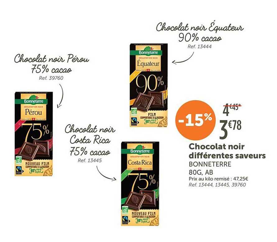 Chocolat noir différentes saveurs BONNETERRE 80G, AB