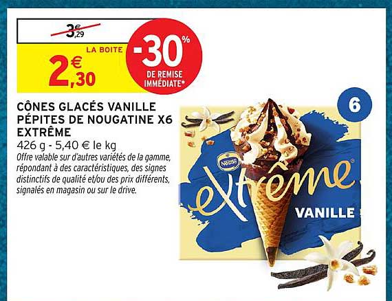 CÔNES GLACÉS VANILLE PÉPITES DE NOUGATINE X6 EXTRÊME