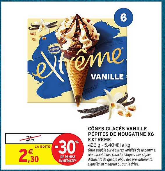 CÔNES GLACÉS VANILLE PÉPITES DE NOUGATINE X6 EXTRÊME