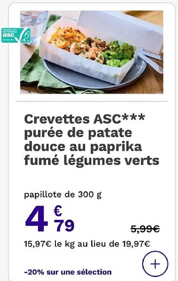 Crevettes ASC*** purée de patate douce au paprika fumé légumes verts