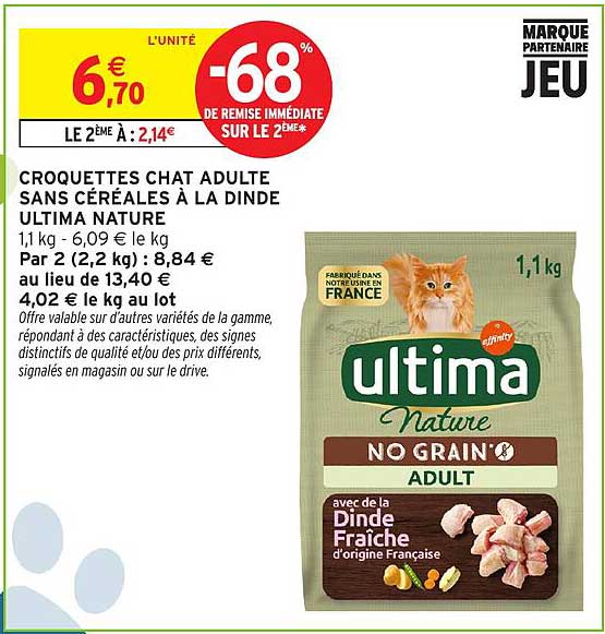 CROQUETTES CHAT ADULTE SANS CÉRÉALES À LA DINDE ULTIMA NATURE