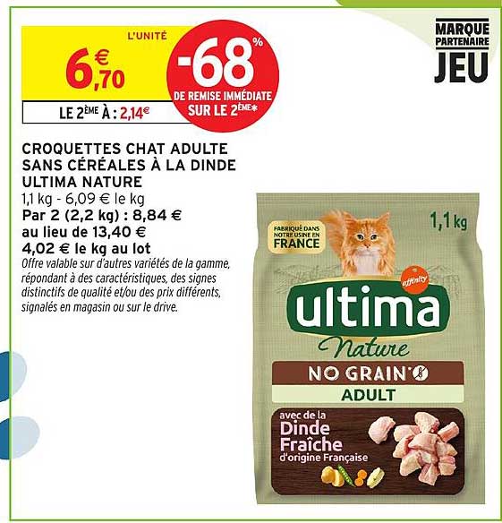 CROQUETTES CHAT ADULTE SANS CÉRÉALES À LA DINDE ULTIMA NATURE
