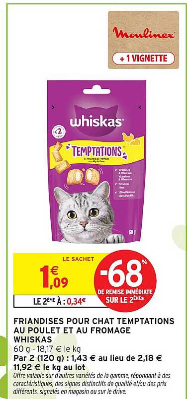 FRIANDISES POUR CHAT TEMPTATIONS AU POULET ET AU FROMAGE WHISKAS