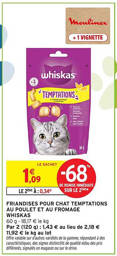 FRIANDISES POUR CHAT TEMPTATIONS AU POULET ET AU FROMAGE WHISKAS