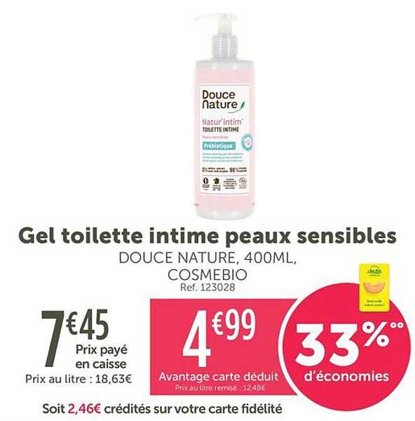 Gel toilette intime peaux sensibles
DOUCE NATURE, 400ML,
COSMEBIO
Ref. 123028