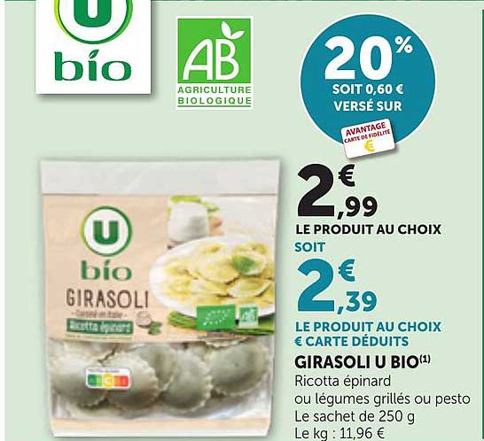 GIRASOLI U BIO Ricotta épinard ou légumes grillés ou pesto