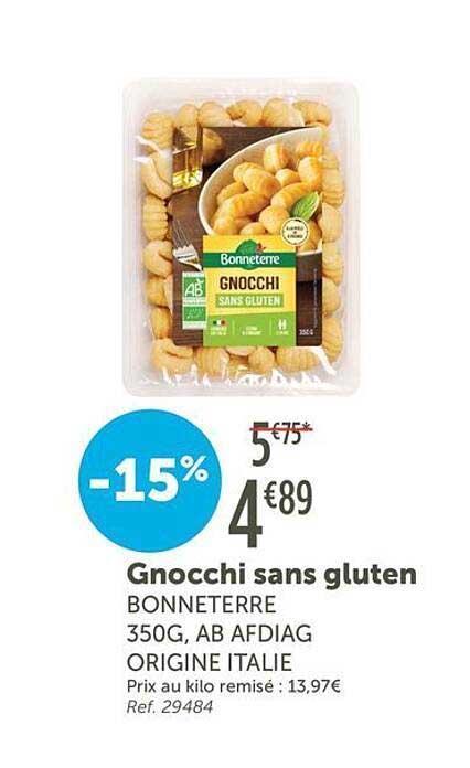 Gnocchi sans gluten BONNETERRE 350G, AB AFDIAG ORIGINE ITALIE