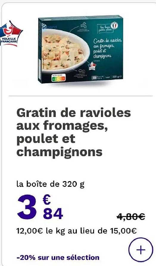 Gratin de ravioles aux fromages, poulet et champignons