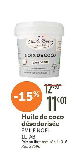 Huile de coco désodorisée ÉMILE NOËL 1L, AB