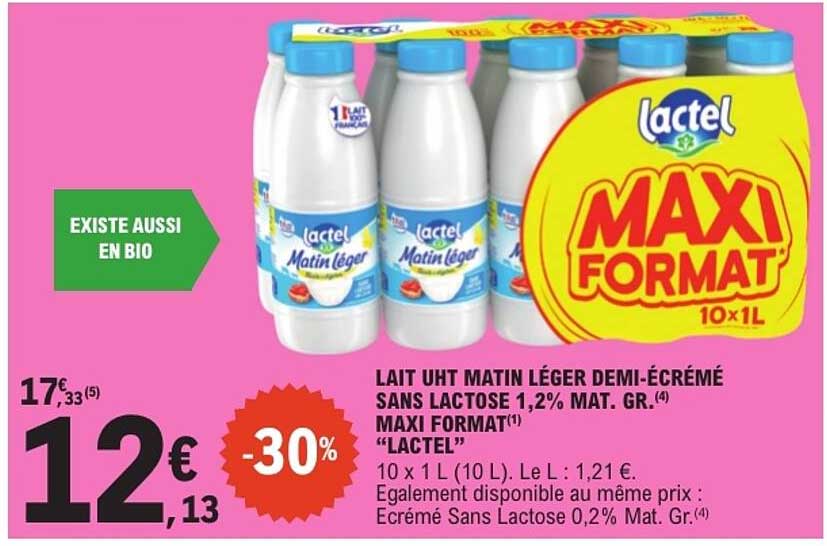 LAIT UHT MATIN LÉGER DEMI-ÉCRÉMÉ SANS LACTOSE 1,2% MAT. GR. MAXI FORMAT «LACTEL»
