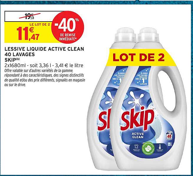 LESSIVE LIQUIDE ACTIVE CLEAN 40 LAVAGES SKIP(b)