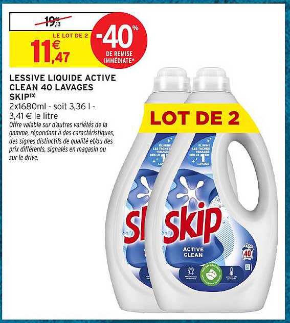 LESSIVE LIQUIDE ACTIVE CLEAN 40 LAVAGES SKIP(b)