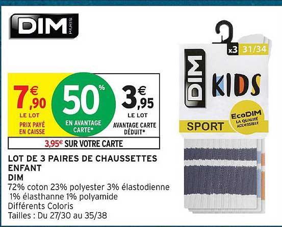 LOT DE 3 PAIRES DE CHAUSSETTES ENFANT DIM