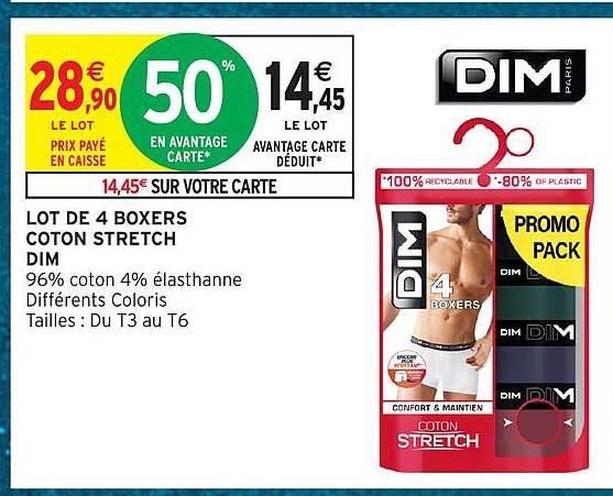 LOT DE 4 BOXERS COTON STRETCH DIM