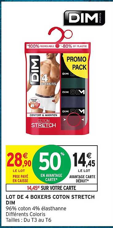 LOT DE 4 BOXERS COTON STRETCH DIM