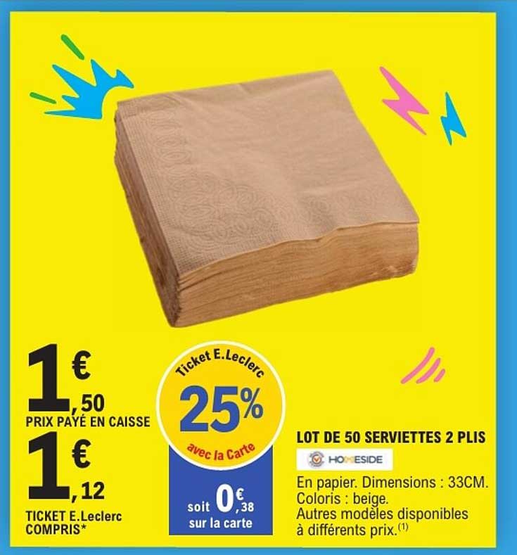 LOT DE 50 SERVIETTES 2 PLIS