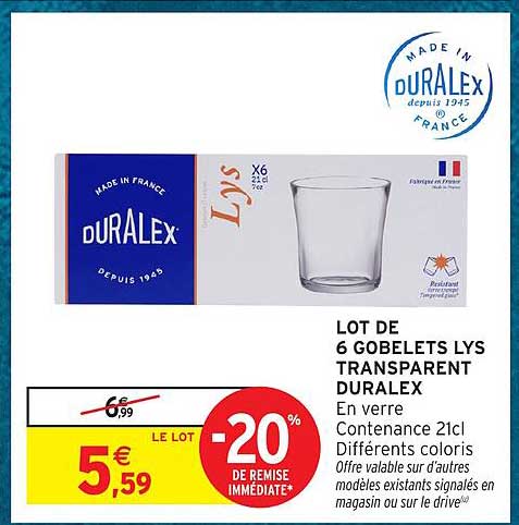 LOT DE 6 GOBELETS LYS TRANSPARENT DURALEX