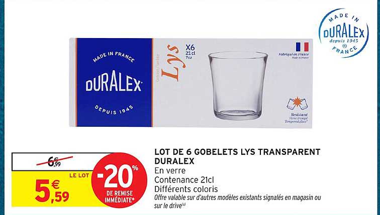 LOT DE 6 GOBELETS LYS TRANSPARENT DURALEX