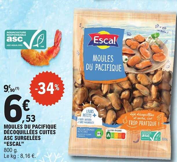 MOULLES DU PACIFIQUE DECOQUILLEES Cuites ASC SURGELEES "ESCAL"