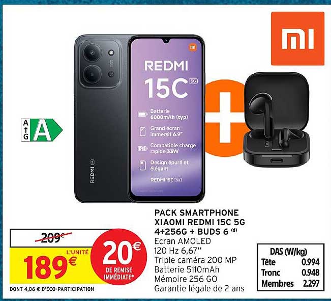 PACK SMARTPHONE XIAOMI REDMI 15C 5G 4+256G + BUDS 6