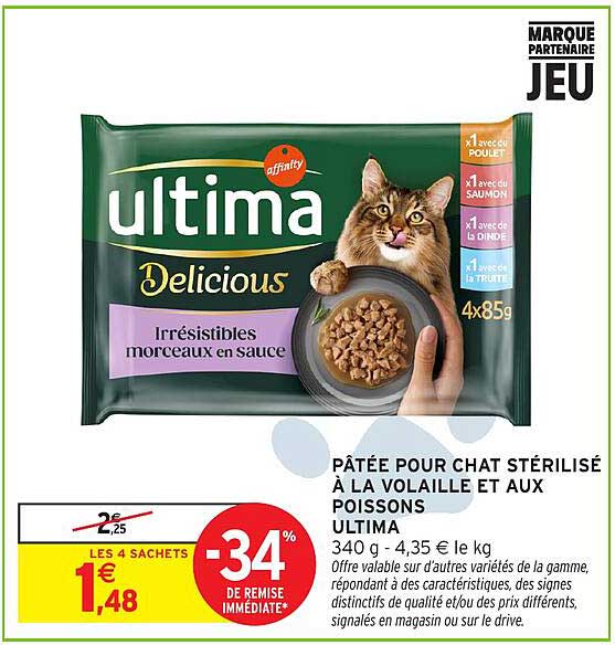 PÂTÉE POUR CHAT STÉRILISÉ À LA VOLAILLE ET AUX POISSONS ULTIMA 340 g