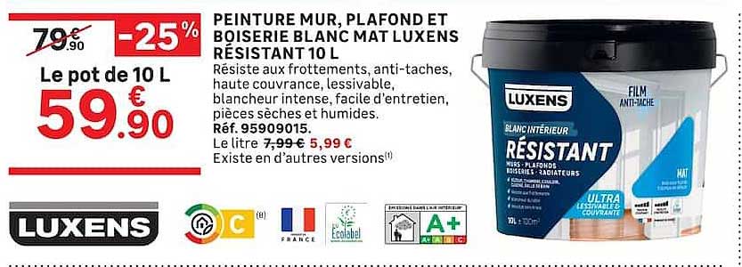 PEINTURE MUR, PLAFOND ET BOISERIE BLANC MAT LUXENS RESISTANT 10L