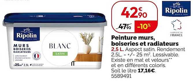 Peinture murs, boiseries et radiateurs 2,5 L. Aspect satin. Rendement 2,5L = +/- 25 m². Lessivable. Existe en mat et velours et en différents colors.