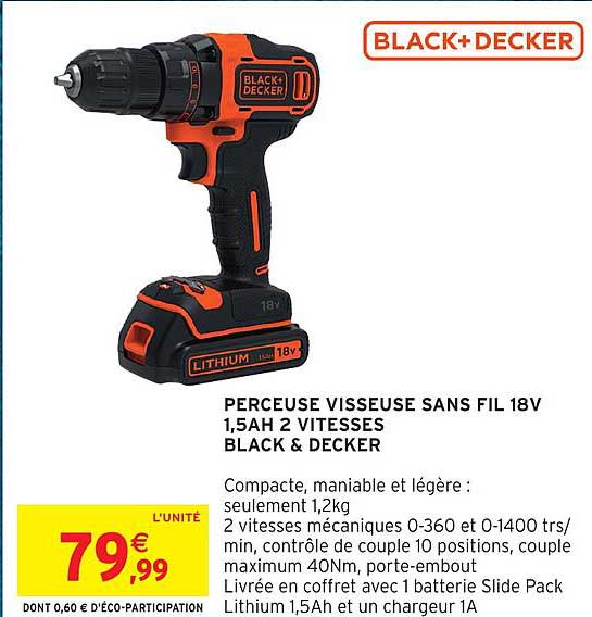 PERCEUSE VISSEUSE SANS FIL 18V 1,5AH 2 VITESSES BLACK & DECKER