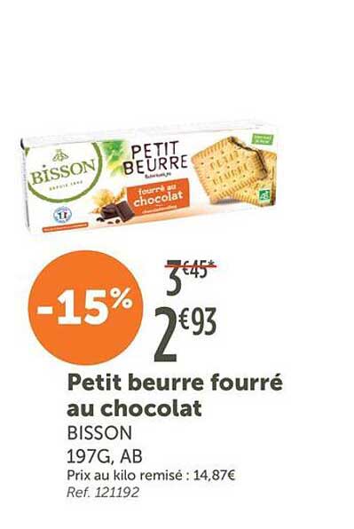 Petit beurre fourré au chocolat BISSON 197G, AB