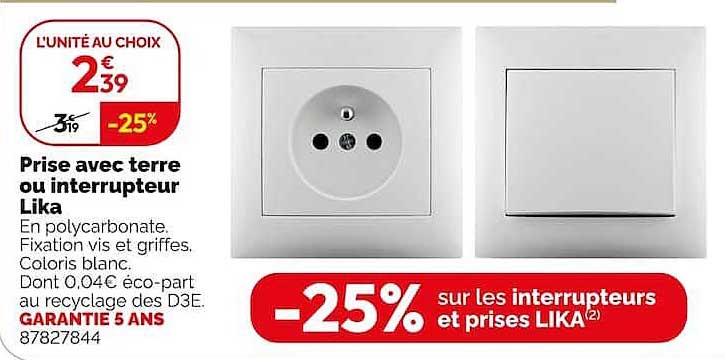 Prise avec terre ou interrupteur Lika