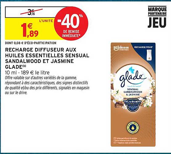 RECHARGE DIFFUSEUR AUX HUILES ESSENTIELLES SENSUAL SANDALWOOD ET JASMINE GLADE
