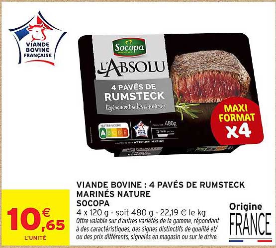 VIANDE BOVINE : 4 PAVÉS DE RUMSTECK MARINÉS NATURE SOCOPA