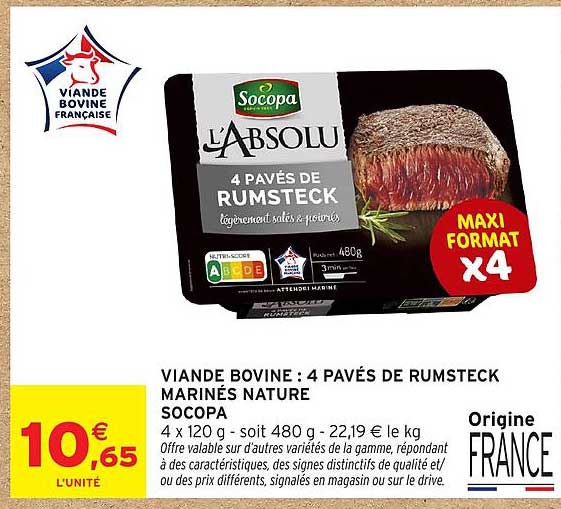 VIANDE BOVINE : 4 PAVÉS DE RUMSTECK MARINÉS NATURE SOCOPA